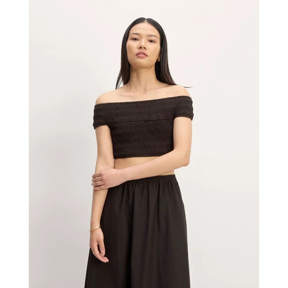 EVERLANE The Gauze Smock Top XL Black Crop Off Shoulder Organic Cotton NEW B53